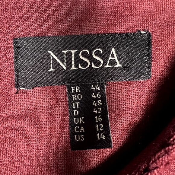 Nissa Sz 14 Burgundy & Black Colorblock Dress Long Sleeve Ruched Bust Round Neck - Picture 3 of 7